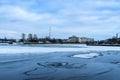 Russia, Vyborg, January 2021. View of a modern hotel from the other side of the bay in winter.