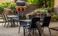 Russia, Vyborg - June 27, 2023: Tables and chairs in a summer restaurant