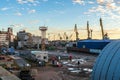 Russia, Vyborg, November 2020. Work in the cargo port of the city at sunset.