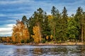 Russia, Vyborg - October 15, 2023: Landscape of the natural museum-reserve "Park Monrepos" in autumn