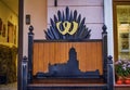 Russia, Vyborg - October 28, 2023: Wooden bench with city symbols