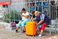 Russia Vyborg 08.08.2021 People at the station on the bench waiting for the train Royalty Free Stock Photo