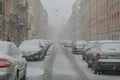 Russia, Winter St. Petersburg, a lot of snow, snowfall, snow fog. Architectural elements in the snow, snow-covered trees. A dense