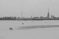 Russia, Winter St. Petersburg, Retro style photo, black and white photo. View of the Peter and Paul Fortress, an unusual angle. So