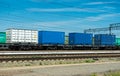 Russia, Yanaul 16.07.2020 year. Railway station and trains with freight cars and containers