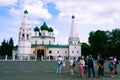 A group of tourists inspects the Church of Elijah the Prophet in the center of Yaroslavl on Sovetskaya Square. Yaroslavl, Russia