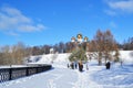 Russia, Yaroslavl, February 12, 2023. People walk along the snowy embankment of the Volga River in Strelka Park