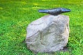 Russia, Yaroslavl, July 2020. Bronze crow on a stone in the city garden.