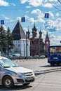 Russia, Yaroslavl, July 2020. The central square of the city with a fragment of the fortress wall and an Orthodox cathedral.