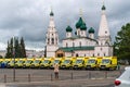 Russia, Yaroslavl, July 2020. COVID-19. A woman takes pictures of new ambulances.