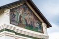 Russia, Yaroslavl, July 2020. Magnificent mosaic icon under the roof of the monastery building.