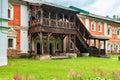 Russia, Yaroslavl, July 2020. A traditional old wooden porch in the boyar dwelling chambers.