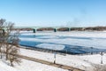 Russia, Yaroslavl-March 27, 2016. October bridge through the river Volga. Built in years 1961-1966