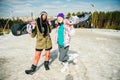 Russia, Yekaterinburg - april 2019 girls snowboarders on the slope