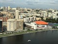 Russia, Yekaterinburg, Olympic embankment, Iset River. Urban landscape view from above. High-rise buildings and the river bank. Royalty Free Stock Photo