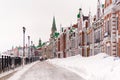 Russia, Yoshkar-Ola, Bruges embankment, March 09, 2019, cloudy winter day, view of the buildings