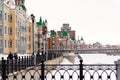 Russia, Yoshkar-Ola, Bruges embankment, March 09, 2019, cloudy winter day, view of the buildings