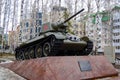 5.04.2012 Russia, YUGRA, Khanty-Mansiysk, Khanty-Mansiysk, the T-34 Tank on the pedestal installed in the `memory Park`. The monum Royalty Free Stock Photo