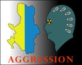 Russian aggression against Ukraine with the silhouette of Putin in profile and the Ukrainian flag in the form of a map