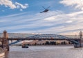 Russian Air Force helicopter flies over Gorky Park and Pushkin Bridge