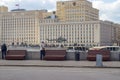 Russian air force helicopter lands at the building of the Ministry of defense of Russia Royalty Free Stock Photo