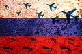 Russian air strike with bombs. Modern Russian military aircraft drop bombs on the background of the flag. Bombing Of Russia