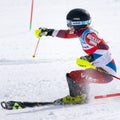 Mountain skier skiing down mountain slope. Russian Alpine Skiing Cup, slalom