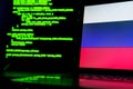 Russian anonymous hackers. Russian flag and programming code in background