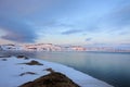 Arctic Ocean, winter time, snow shore, Russia, landscape of beautiful wild nature of north seas. Beautiful snow winter ice and col