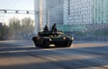 The Russian average main T-72B3 tank the `Pokrovsk` modification goes around the city.