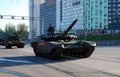 The Russian average main T-72B3 tank the `Pokrovsk` modification goes around the city.