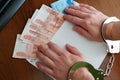 Russian Banknotes In An Envelope On The Table. The Concept Of A Bribe. Women& X27;s Hands In Handcuffs. Gray Salary