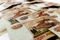 Russian banknotes `rubles` with inscription `five thousand rubles` of 5000 rubles. Background made of money. 5000 rubles backgrou