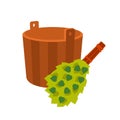 Russian bath accessories. Steam broom and wooden bucket. Vector illustration.