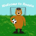 The Russian bear in a cap with ear-flaps, valenoks and with a football on the football field. World of russian elements vector il