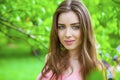 Russian beauty - Young brunette girl at a white birch Royalty Free Stock Photo