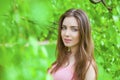 Russian beauty - Young brunette girl at a white birch Royalty Free Stock Photo