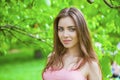 Russian beauty - Young brunette girl at a white birch Royalty Free Stock Photo