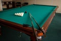 Russian billiard table with balls and cue sticks. Royalty Free Stock Photo