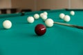 Russian billiard table with balls and cue sticks. Royalty Free Stock Photo