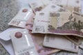 Russian bills of various denominations lie on an envelope on the table. Close-up Royalty Free Stock Photo