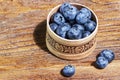 Russian birch tree bark bowl of fresh blueberries on rustic wooden table. Healthy organic seasonal fruit background Royalty Free Stock Photo