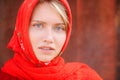 Russian blonde with blue eyes in a red kerchief is working on the farm. The concept of female beauty and perfection Royalty Free Stock Photo