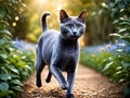 A Russian Blue cat playing in the park