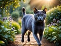 A Russian Blue cat playing in the park