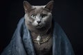 Russian Blue Cat With Regal Furtrimmed Cape. Generative AI