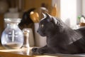 russian blue cat watching a kitchen timer