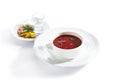 Russian Borscht or Borsch with Lard, Sour Cream, Pickles and Vodka Royalty Free Stock Photo