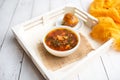 Russian borscht with sorrel and fresh garlic knots pamopushkas. Royalty Free Stock Photo