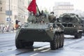 Russian BTR APC Armoured Transporter amphibious armoured personnel carrier in a column of tanks